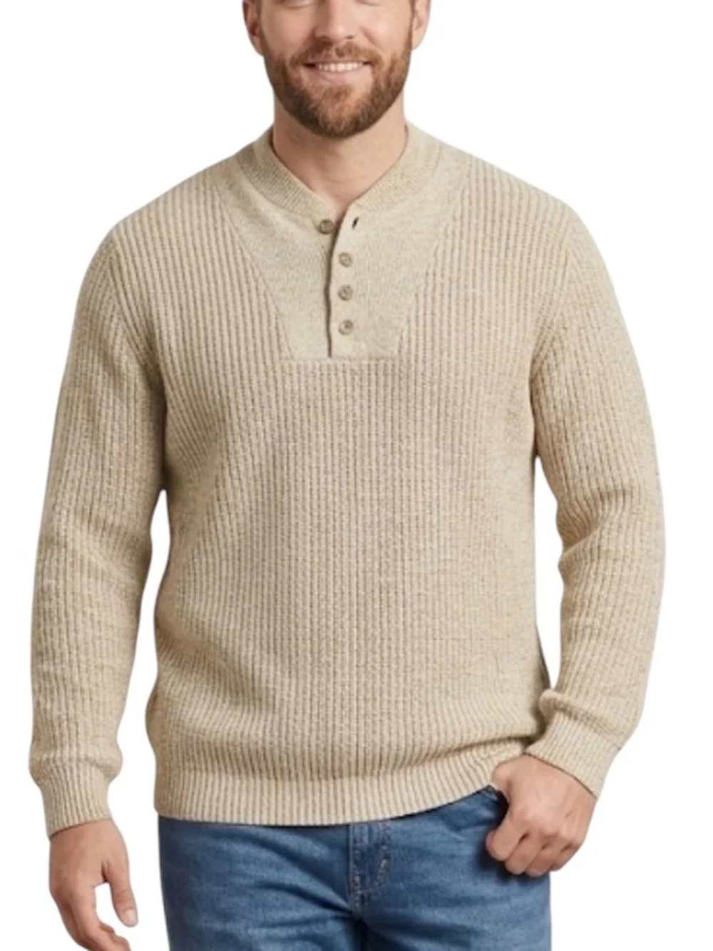 Eddie Bauer Men's Vintage Beige Cream Henley Knit Sweater 100% Cotton XXL